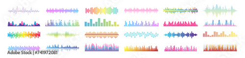 Sound waves collection. Analog and digital audio signal. Audio waves, Sound waves, Equalizer, Radio signal, Music. Recording