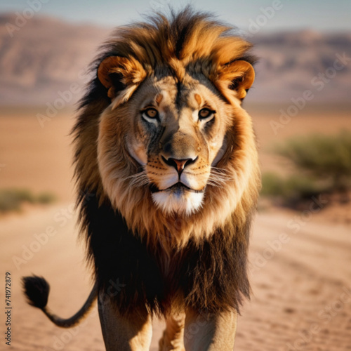 lion walking in the desert stares