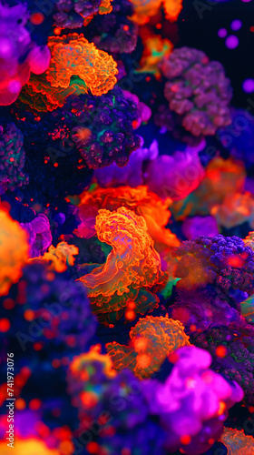 Glowing jellyfish on luminiscent coral reef, underwater life.
 photo