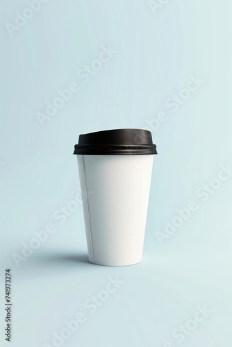 White paper coffee cup with black lid on blue background 