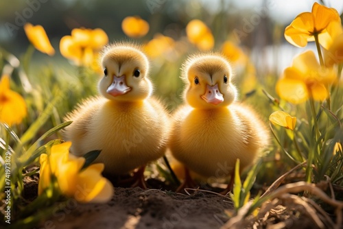 two little ducklings between yellow flowers in nature outdoors