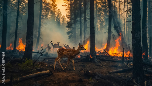 Deer forest fire, trees in smoke, flames emergency