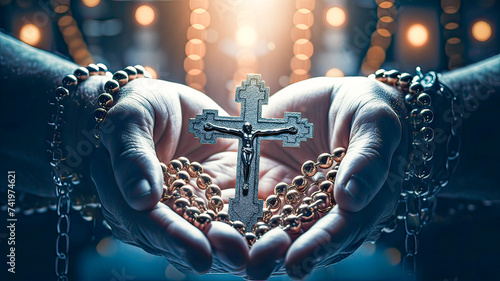 Hands clasping Christ's rosary, glowing cross, white skin, religious spirituality. photo