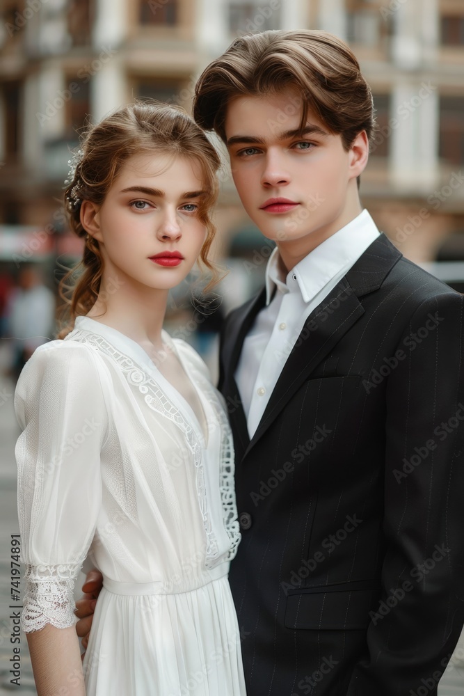 A young handsome man in a suit with an elegant young lady in a white dress with red lips. Romantic style of a love story film A young handsome man in a suit with an elegant young lady in a white dress with red lips. Romantic style of a love story film