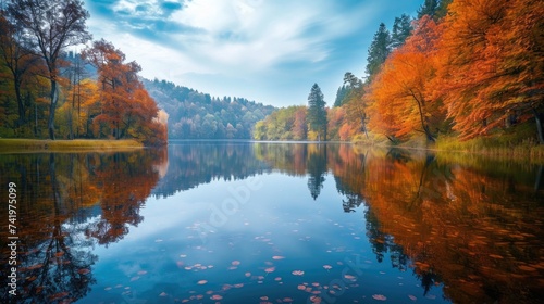 Vibrant fall foliage reflects on the still waters of a forest lake  creating a tapestry of autumn colors in a tranquil natural setting. Resplendent.
