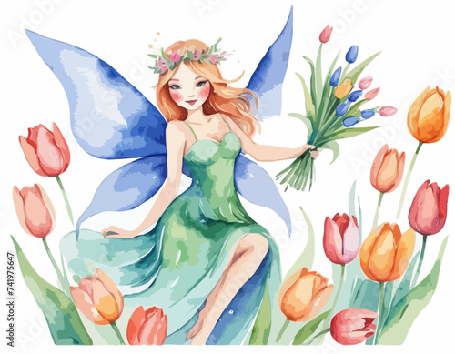 Watercolor picture with a fairy and a bouquet of tulips