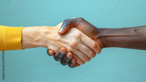 Closeup photo of two hands arms handshake different race multinational friends antiracism issue help together world globe partners relationship immigration