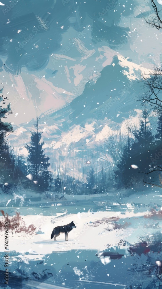 A painting of a wolf in a snowy landscape A painting of a wolf in a snowy landscape