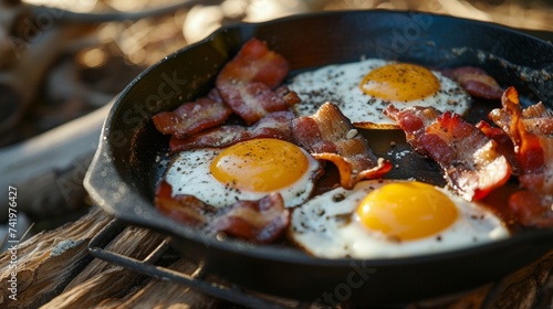 Camping breakfast with bacon and eggs in a cast iron skillet. Fried eggs in the forest. Food at the camp. Picnic