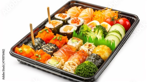 A tray of sushi and vegetables with chopsticks
