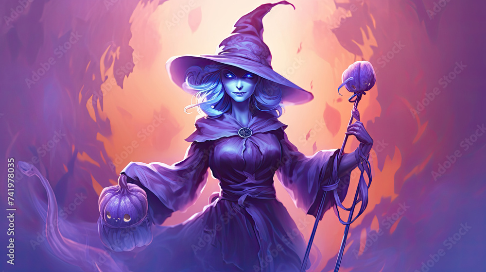 Illustration of a witch in halloween in light purple tones Illustration of a witch in halloween in light purple tones