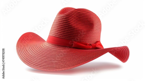 A stylish red straw hat for summer, elegantly presented against a pristine white background, exudes warmth and fashion-forward flair.