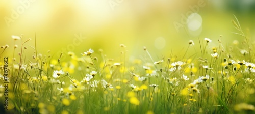 Spring serenade  abstract textures of fresh grass and delicate flowers in harmonious dance