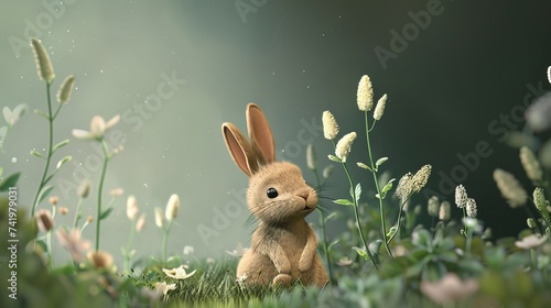 A lone bunny rabbit perched amidst the verdant green grass, enjoying a moment of tranquil solitude.