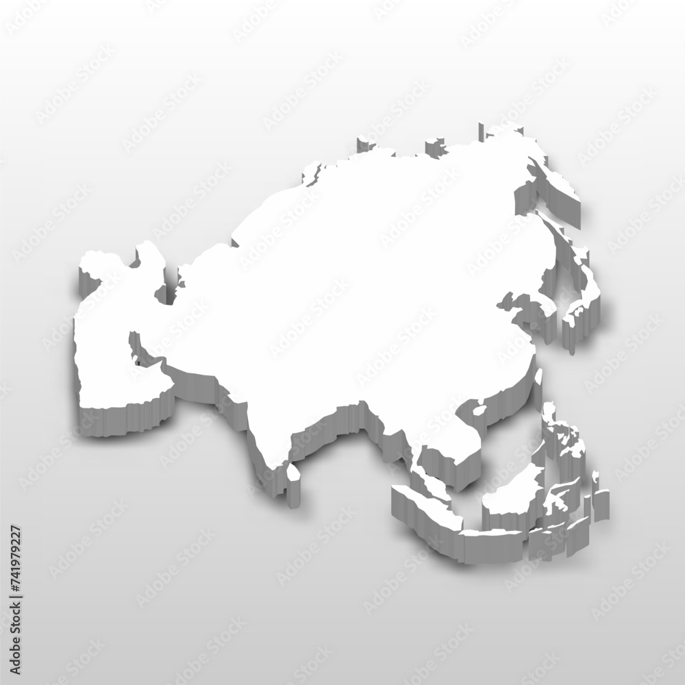 3D map of Asia continent. Extruded white vector map with dropped shadow on light gray background. 3D map of Asia continent. Extruded white vector map with dropped shadow on light gray background.