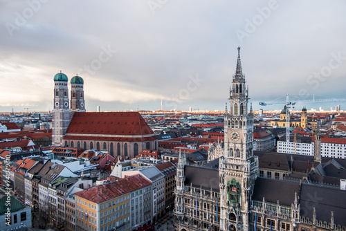 View on Marienplatz city hall  Neues Rathaus  and Church of Our Blessed Lady  Frauenkirche  in Munich  Germany .