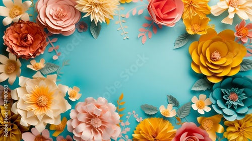 colorful paper cut flowers on wall decor floral banner, top view copyspace and empty background, beautiful wall decor flowers with empty space for text blank space