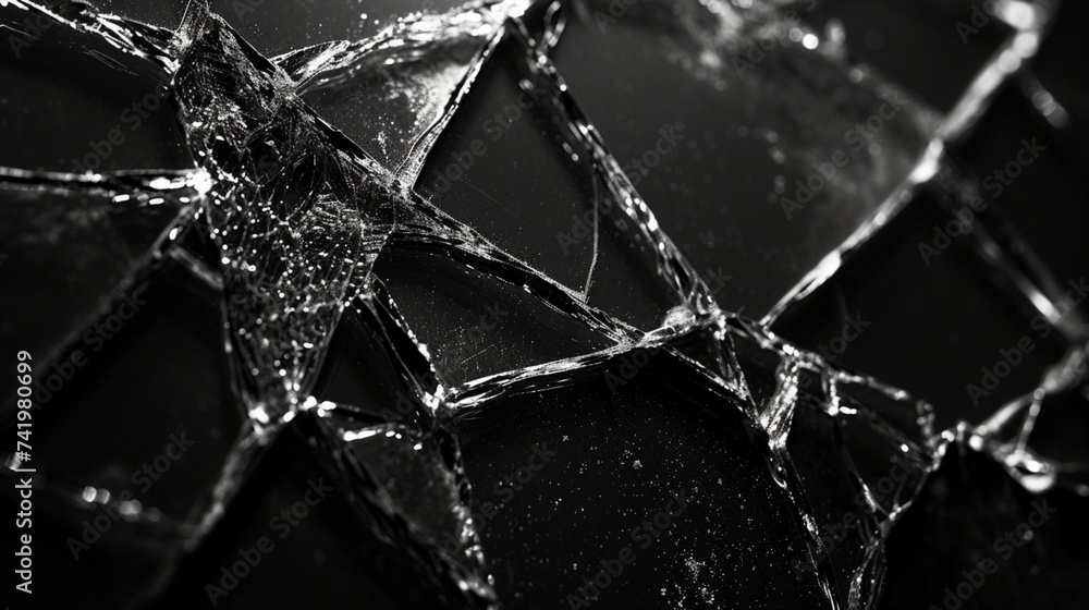cracked glass object on black background, smashed glass texture, shards of broken glass on black wallpaper - obrazy, fototapety, plakaty 
