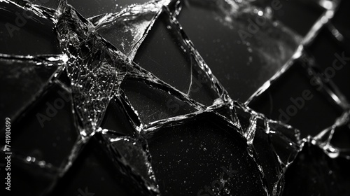 cracked glass object on black background, smashed glass texture, shards of broken glass on black wallpaper