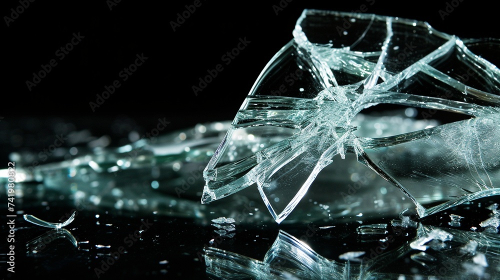 cracked glass object on black background, smashed glass texture, shards ...