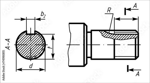 Vector engineering drawing of steel mechanical part 
with thread and dimension lines. Industrial 
cad scheme on white paper sheet. Technology background.