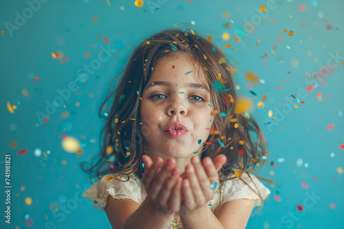A young girl stands in front of a bright blue background, surrounded by falling confetti. She looks joyful and curious as she observes the colorful scene around her.