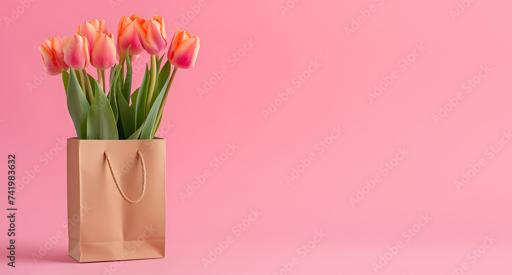 Bouquet of tulips in a gift bag on a pink background. Concept for international women's day, Valentine's day and romantic anniversaries. Copy space. Banner.