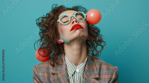 portrait of a woman with a clown nose. For 1 April Fools Day, office, corporate, presentation, poster, flyer. Fun day concept. with copy space for text. Bright blue flat background