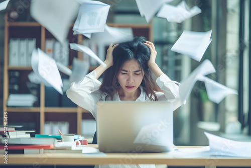 Young Asian woman holding her head and scattering papers on her desk. Concept of deadlines, overwork and burnout. photo