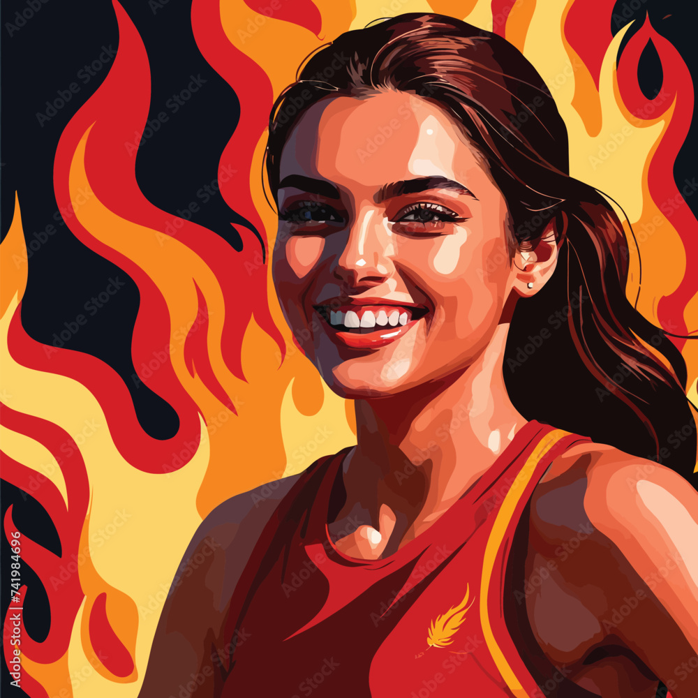 Smiling confident woman athlete on fire, hot success, vector illustration
