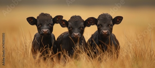 Three adorable baby cows, known as calves, are standing in a lush field of tall grass. The calves are likely Babo females, demonstrating their irresistible charm as they explore the pasture. photo