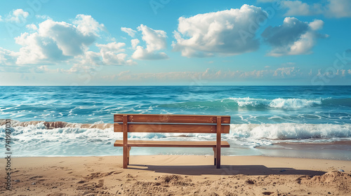 Wooden bench on summer sandy beach. Stunning ocean view background  summer vacation concept.