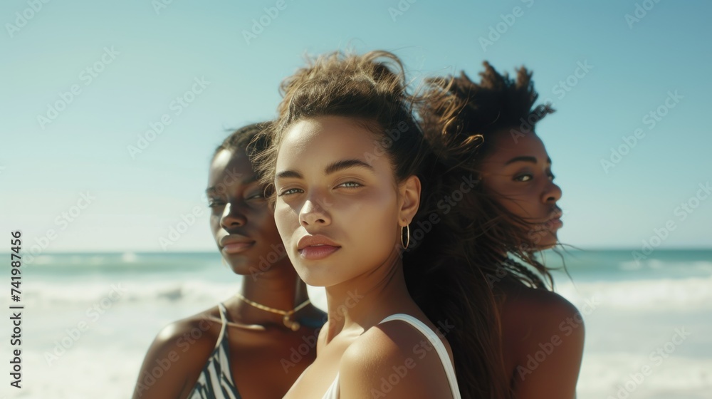 Portrait of beautiful multiethnic girls in sunlight on the beach. Portrait of beautiful multiethnic girls in sunlight on the beach.