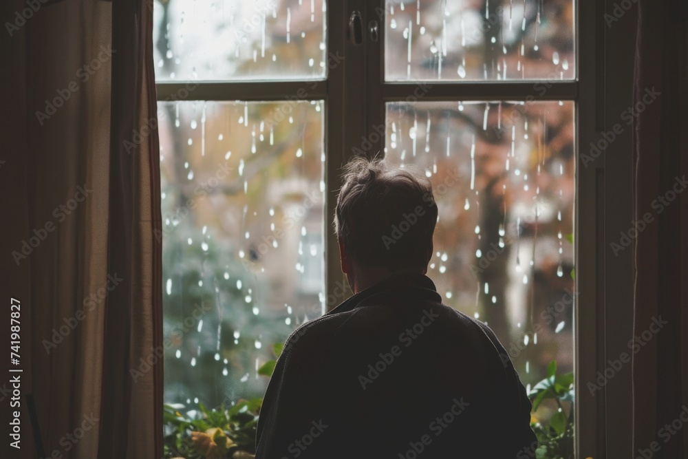 A man stands in front of a large glass window, his silhouette framed by the warm indoor light as he gazes out at the bustling city below A man stands in front of a large glass window, his silhouette framed by the warm indoor light as he gazes out at the bustling city below