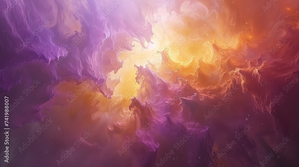 Abstract Cosmic Cloudscape with Vibrant Purple and Orange Colors, Artistic Background Concept, Dreamy Fantasy Sky
