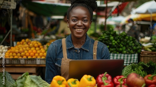 Portrait of a Black Female Running a Street Vendor Food Stand with Fresh Organic Agricultural Products. Farmer Using Laptop Computer to Manage Business Operations