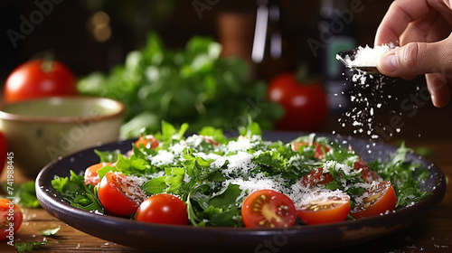 salad preparation, preparing vegetable salad, modern kitchen, salad tomato greens