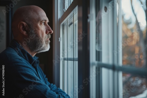 A bearded man gazes longingly out the window, his face a portrait of yearning as he stands between the comfort of indoors and the vastness of the outdoor world photo