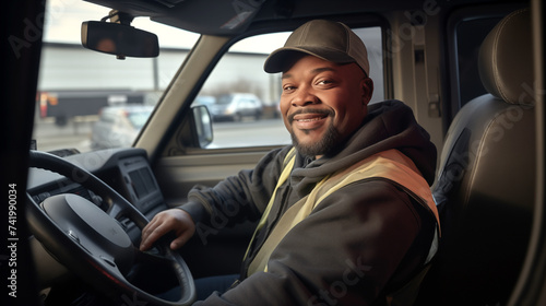 positive truck driver sits in the cab. © Dreamer