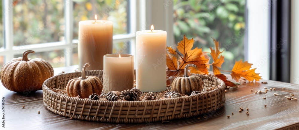 A wicker basket sits by a window, filled with candles casting a warm glow. The autumn-themed decor includes pumpkins, leaves, and forest-inspired accents. A wicker basket sits by a window, filled with candles casting a warm glow. The autumn-themed decor includes pumpkins, leaves, and forest-inspired accents.