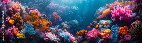 Vibrant Coral Reef Panorama. Colorful coral reef teeming with marine life in a panoramic view. © kaznadey