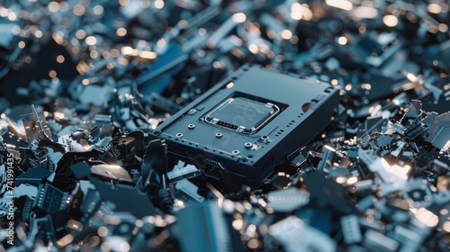 A hard drive placed atop a stack of shredded hard drives photo