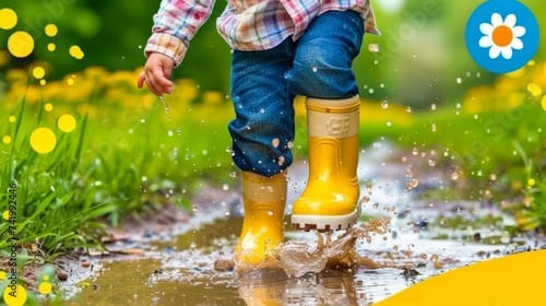 Happy child jumping in rain boots into a puddle splashing water joyfully on a rainy day