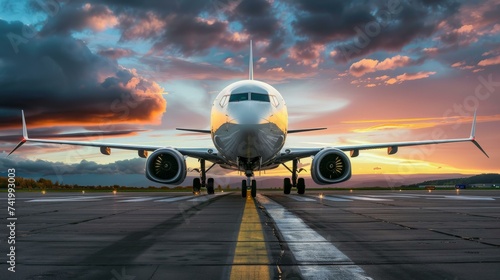 Sunset Takeoff: Majestic Airplane Ready on Runway. Commercial airplane positioned on the runway against a stunning sunset backdrop, ready for takeoff.