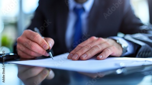 A businessman, dressed in a dark suit and blue shirt, seated at an office desk, signing a contract. The focus is shallow, emphasizing the signature