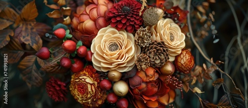 A bouquet featuring a blend of vibrant flowers and rustic pine cones arranged on a table. The colorful blooms complement the earthy pine cones, creating a charming display.