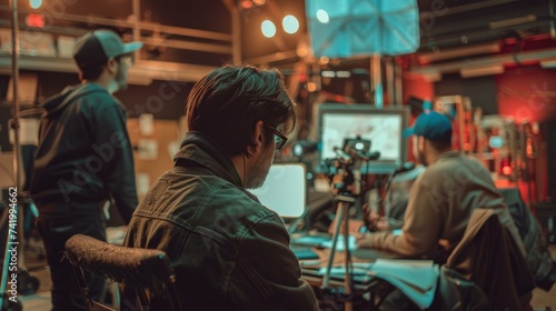 Director Monitoring Film Production. A concentrated male director reviews footage on a monitor amidst the creative chaos of a night film set, showcasing the intense focus required in movi