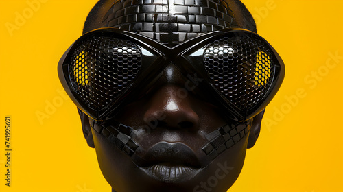 African man wearing techno futuristic sleek wasp eyes shaped black shinny plastic eyemask photo