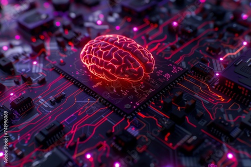 a computer circuit with a red brain on it Generative AI