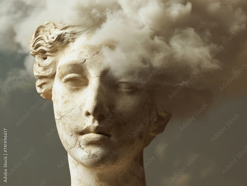 Antique sculpture of woman surrounded with clouds